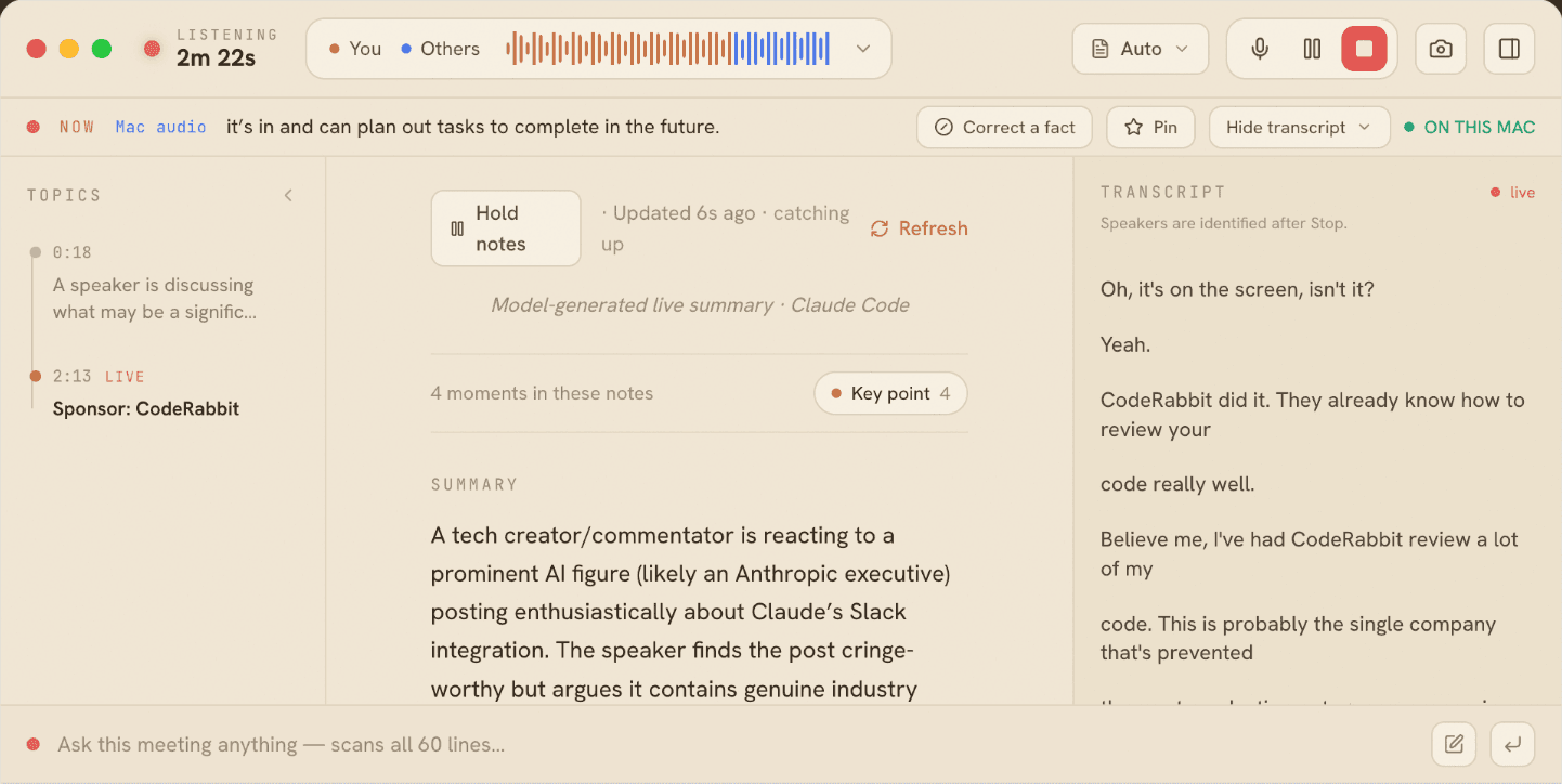 Pouchette live meeting notes with citation-backed summary